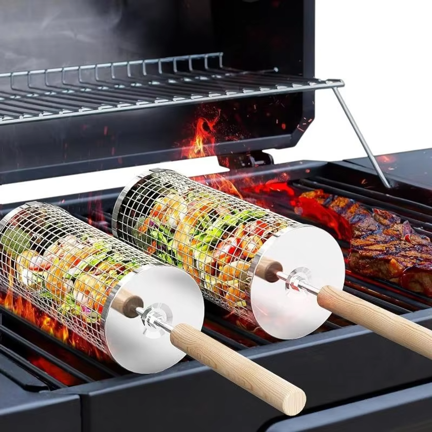 Outdoor Camping Bbq - Ronde barbecue grillmand set, roestvrijstalen rollende