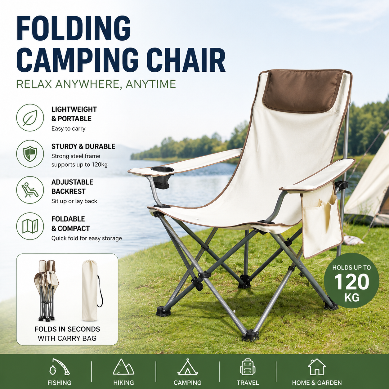 Outdoor Camping Recliner - 2-in-1 Opvouwbare Buitenstoel, Ombouwbare Campingstoel &