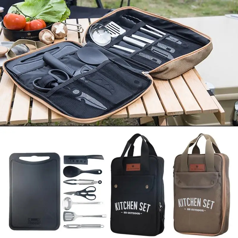 Outdoor Camping Kitchen Table - 8-delige campingkeukenset, draagbare outdoor reisgerei, roestvrijstalen